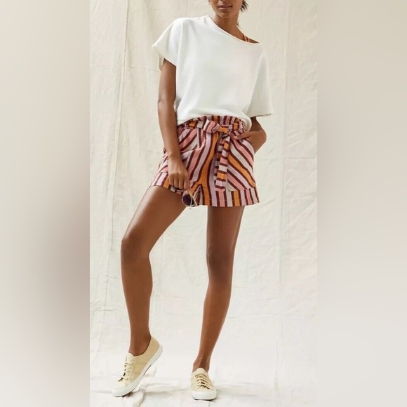 Anthropologie Red Pink Combo Belted Stripe Cotton Shorts $68 Boho hippie beach - Picture 1 of 12